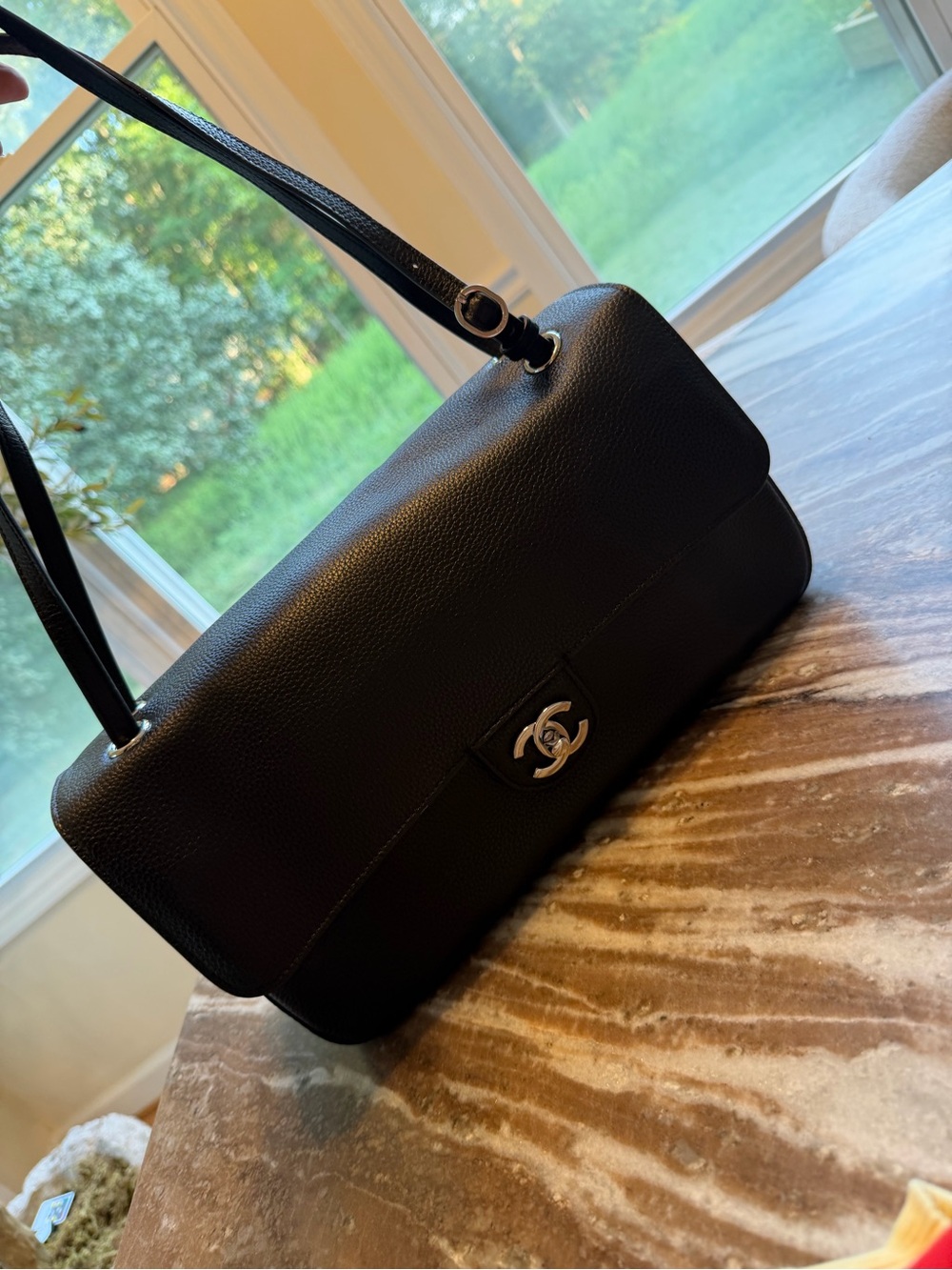 Maxi flap Black Caviar Leather Shoulder Bag with Silver